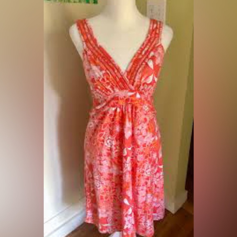 Tommy Bahama Tropical Print Embroidered Mini Dress Smocked Orange Size Small